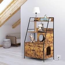 Cat Litter Box Enclosure with 2 Storage Shelves Enclosure Furniture with Charging Station,Cat Washroom with Cat Tree Tower
